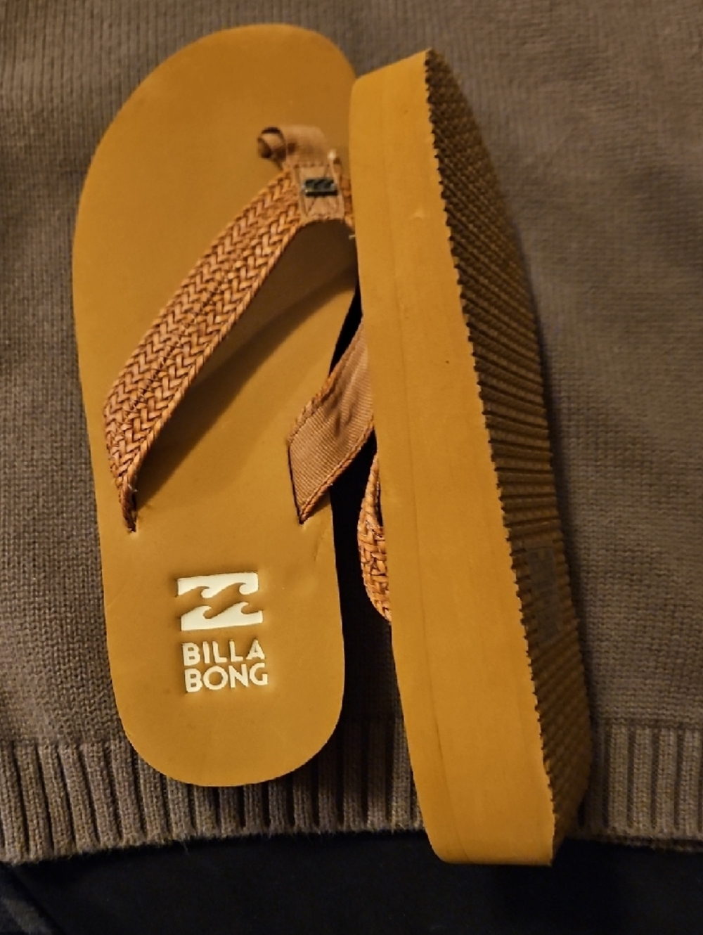 Billabong Mustard and Tan Woven Platform Flip Flops